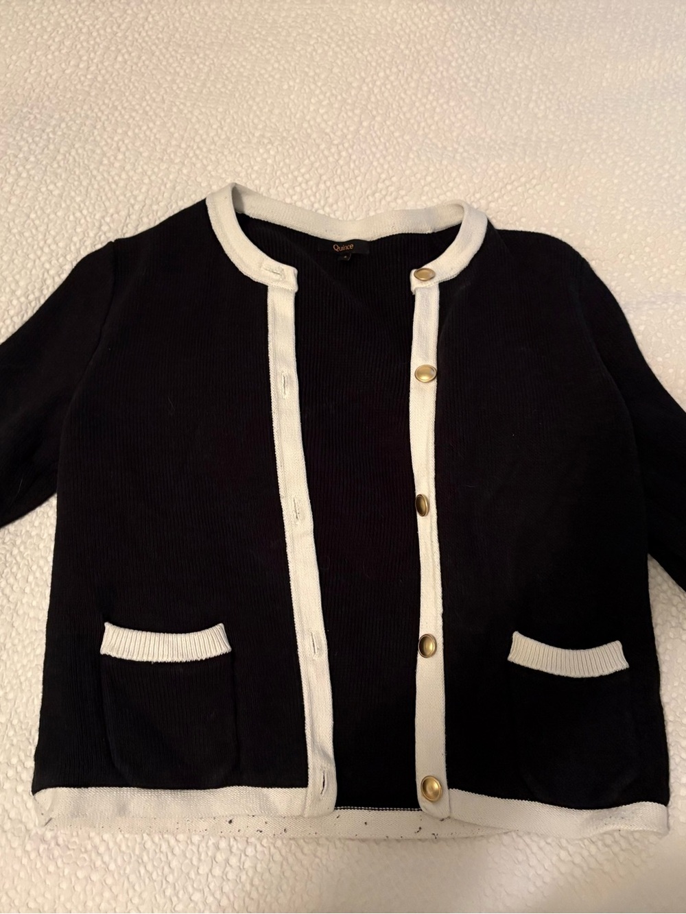 Quince Black & White Contrast Button Cardigan Sweater